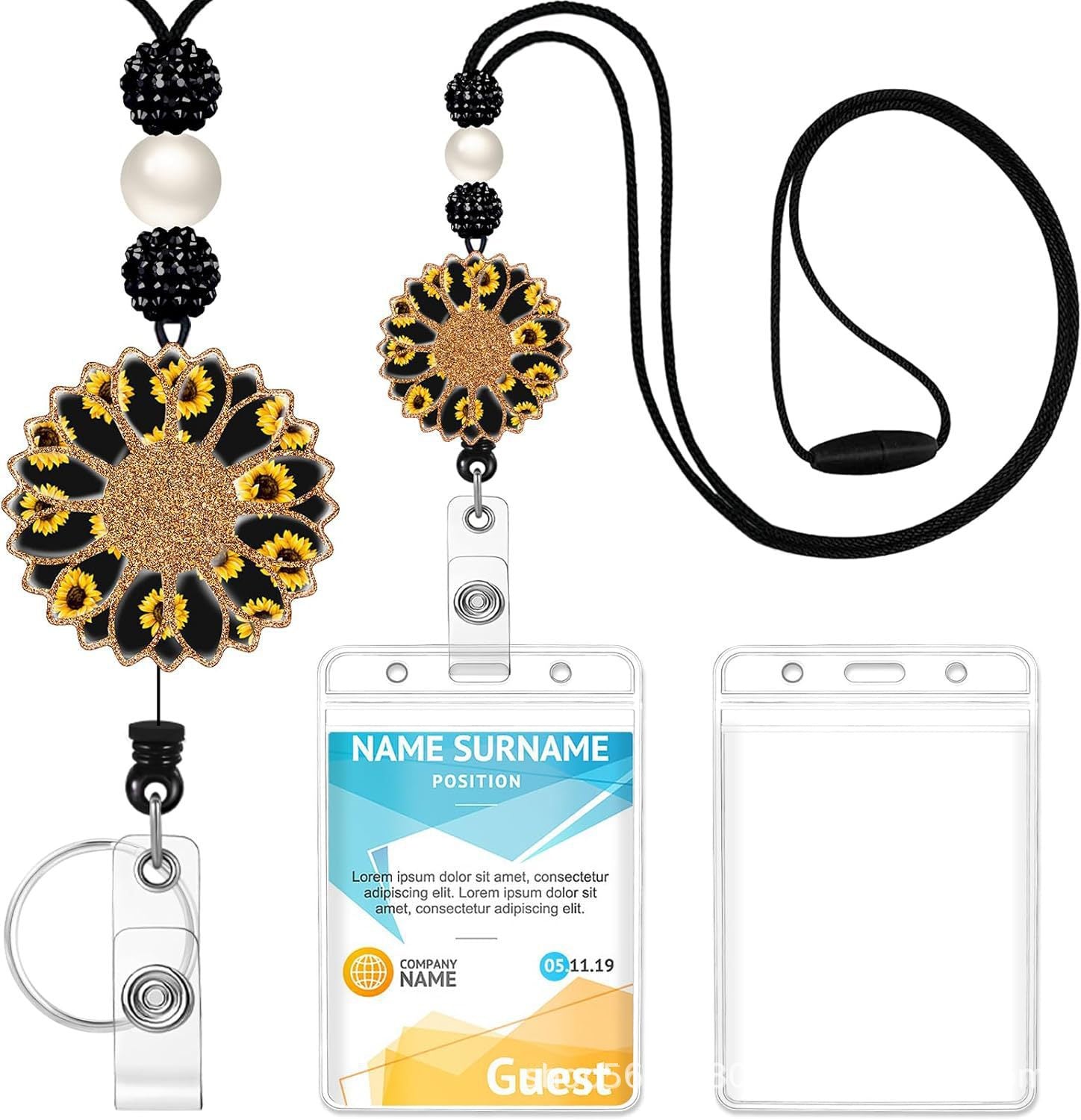 Wholesale Badge Reels Cow Leopard Print West Highland Cow Rainbow Sunflower Card Holder Silicone Beaded Lanyard Retractable Keychain